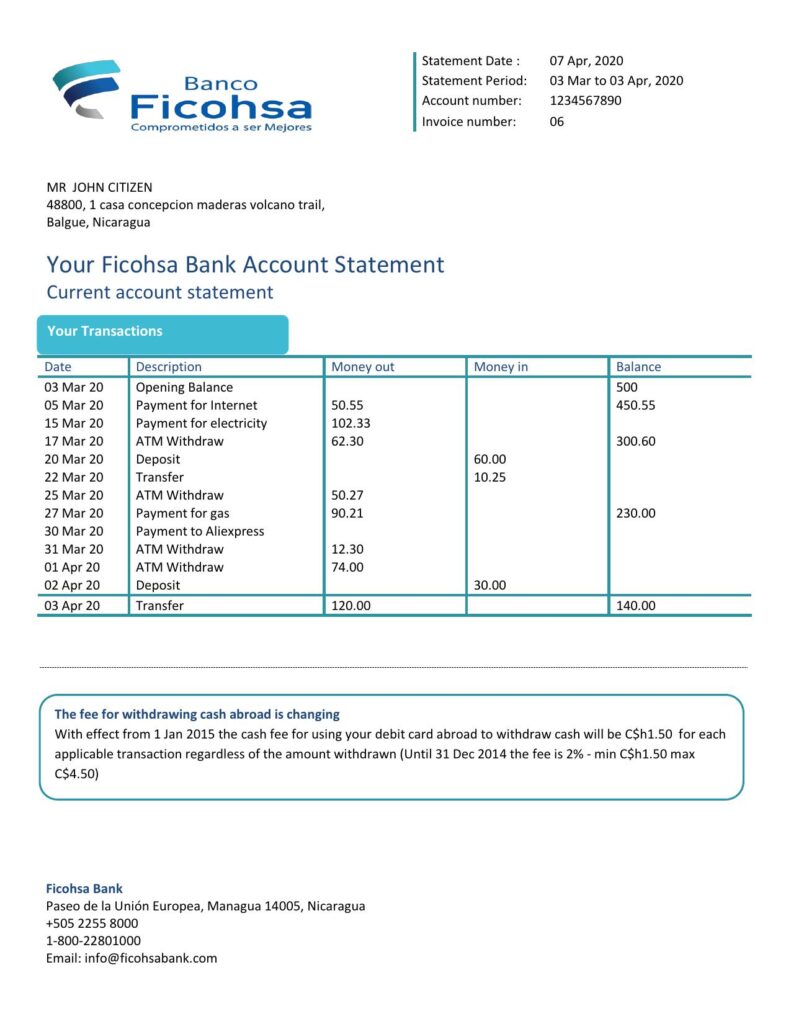 Nicaragua Banco Ficohsa bank proof of address statement template in Word and PDF format, .doc and .pdf format