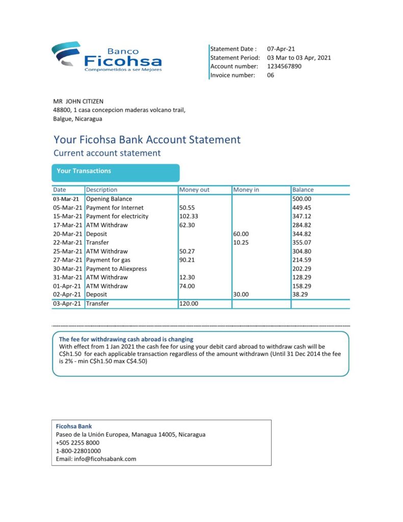 Nicaragua Banco Ficohsa bank statement easy to fill template in Excel and PDF format