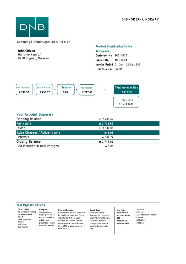 Norway DNB bank proof of address statement template in .xls and .pdf file format