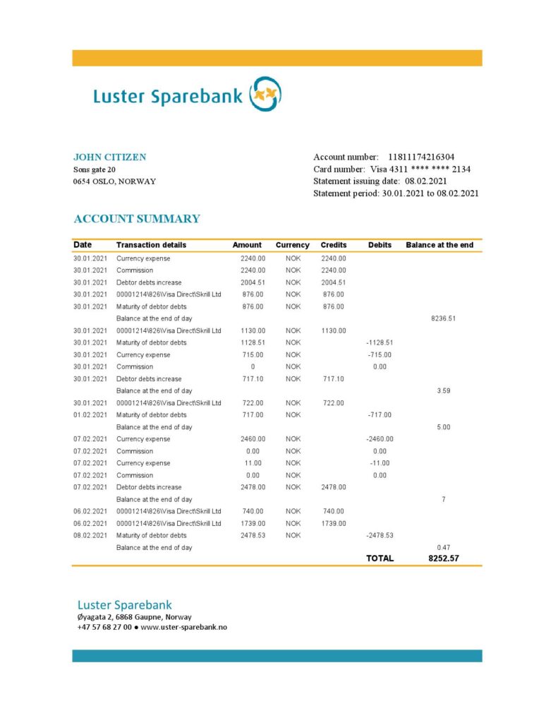 Norway Luster Sparebank bank statement easy to fill template in Excel and PDF format