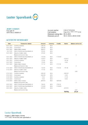 Norway Luster Sparebank bank statement easy to fill template in Word and PDF format