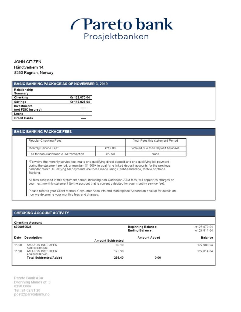 Norway Pareto Bank statement easy to fill template in Word and PDF format