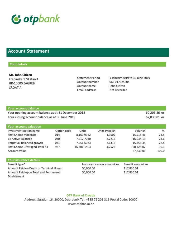 Croatia OTP proof of address bank statement template in Word and PDF format, .doc and .pdf format