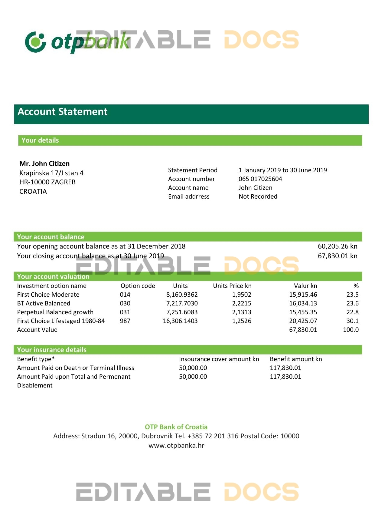 Croatia OTP proof of address bank statement template in Word and PDF format, .doc and .pdf format