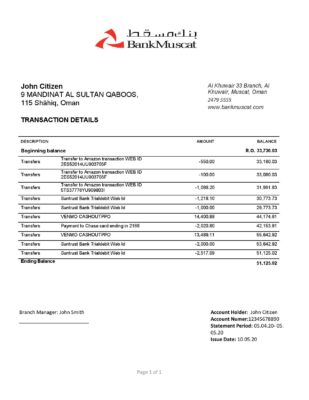 Oman Bank Muscat proof of address bank statement template in Word and PDF format (.doc and .pdf)