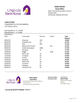 Oman Bank Nizwa proof of address bank statement template in Word and PDF format