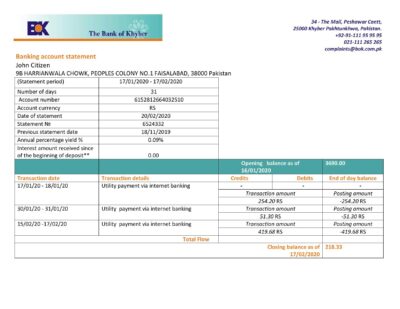 Pakistan The Bank of Khyber bank proof of address statement template in Word and PDF format, .doc and .pdf format