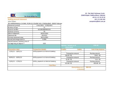 Pakistan The Bank of Khyber bank statement easy to fill template in Excel and PDF format
