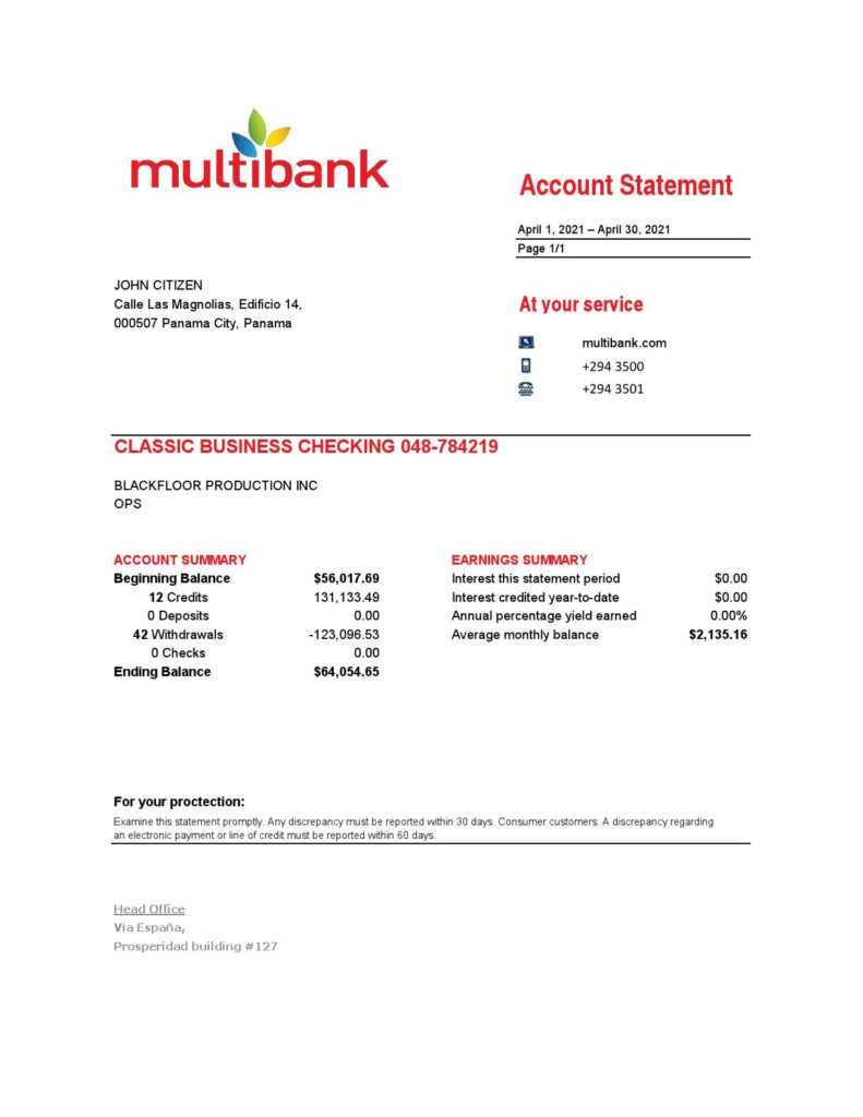 Panama Multibank bank statement easy to fill template in .xls and .pdf file format