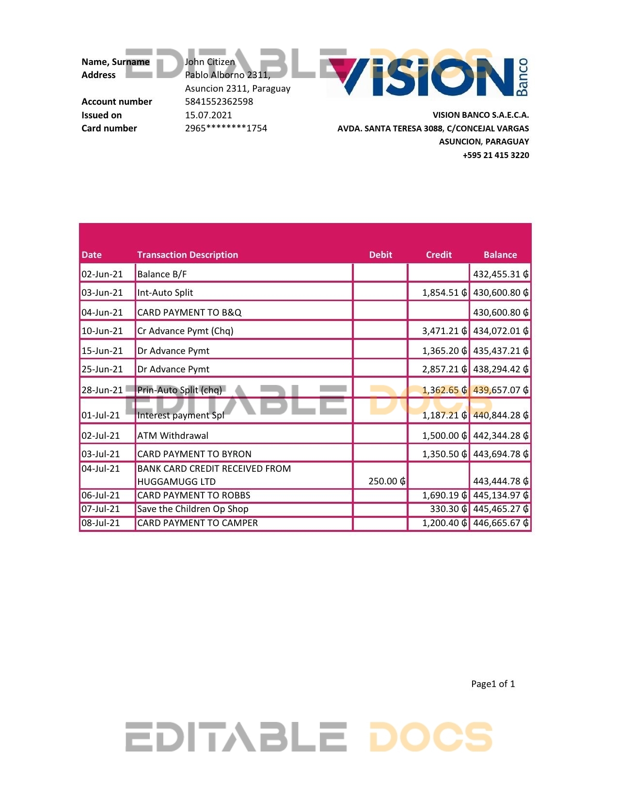 Paraguay Vision Banco bank statement easy to fill template in Excel and PDF format