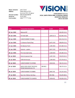 Paraguay Vision Banco bank statement template in Word and PDF format