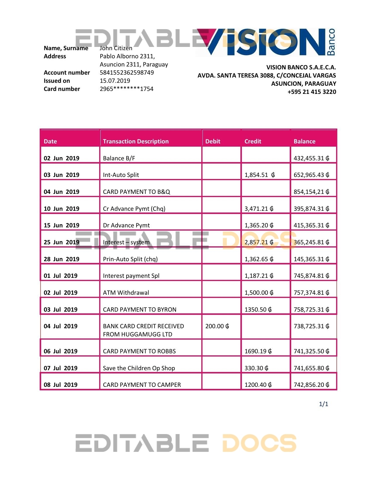Paraguay Vision Banco bank statement template in Word and PDF format