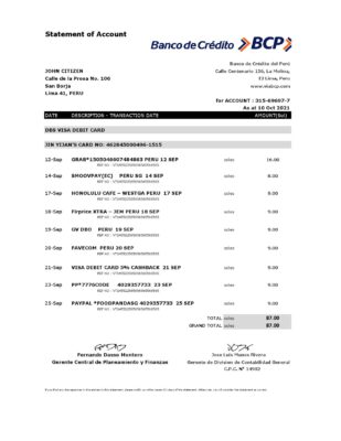 Peru Banco de Credito del Peru (BCP) bank statement easy to fill template in Excel and PDF format