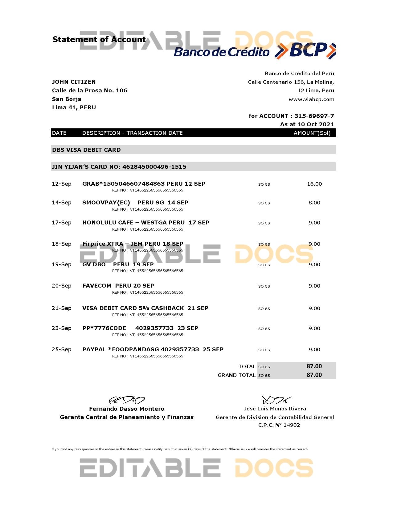 Peru Banco de Credito del Peru (BCP) bank statement easy to fill template in Excel and PDF format