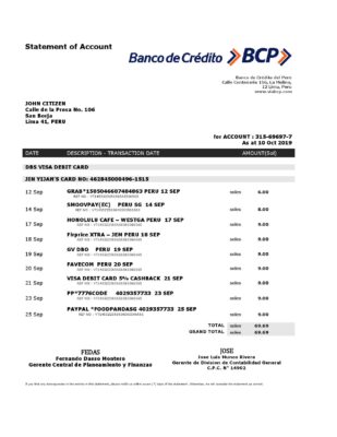Peru Banco de Credito del Peru (BCP) proof of address bank statement template in Word and PDF format