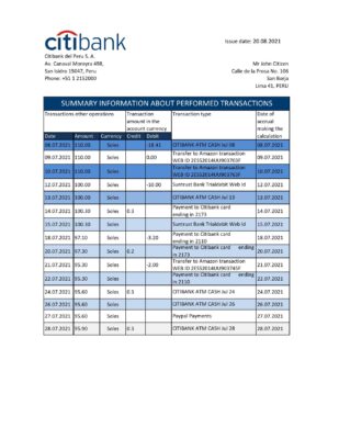 Peru Citibank bank statement easy to fill template in .xls and .pdf file format