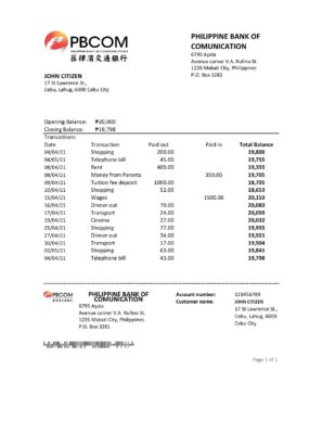 Philippines Bank of Communications bank statement easy to fill template in .xls and .pdf file format
