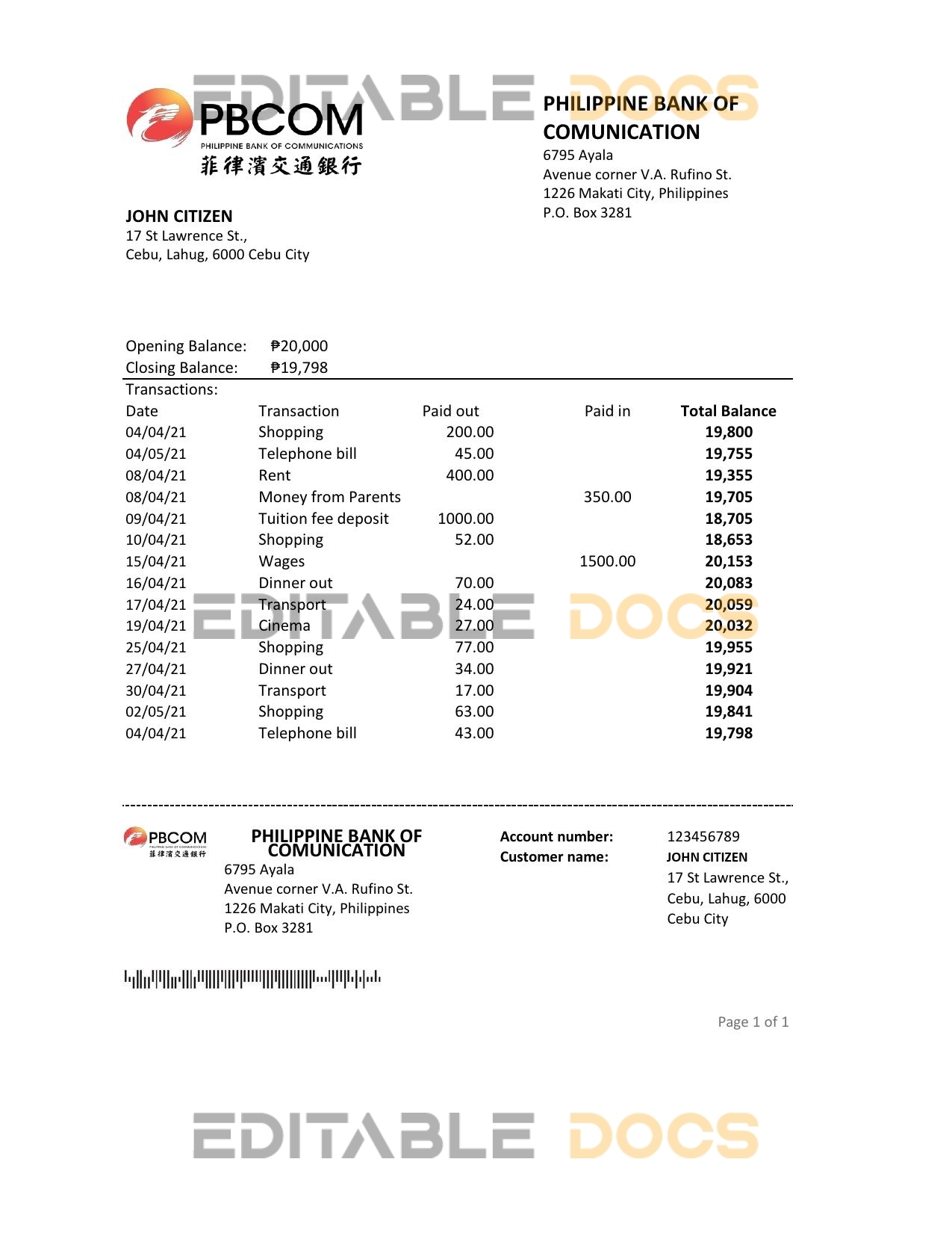 Philippines Bank of Communications bank statement easy to fill template in .xls and .pdf file format
