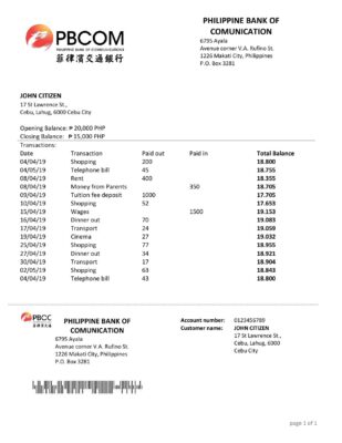Philippines Bank of Communications proof of address bank statement template in Word and PDF format
