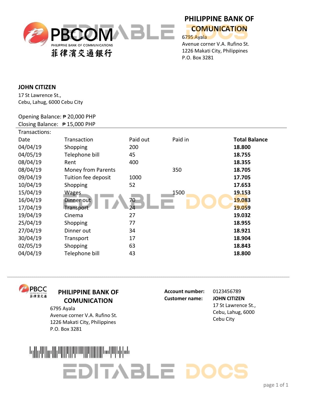 Philippines Bank of Communications proof of address bank statement template in Word and PDF format