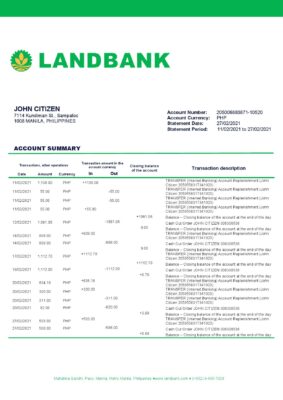 Philippines Land Bank of the Philippines bank statement easy to fill template in Excel and PDF format