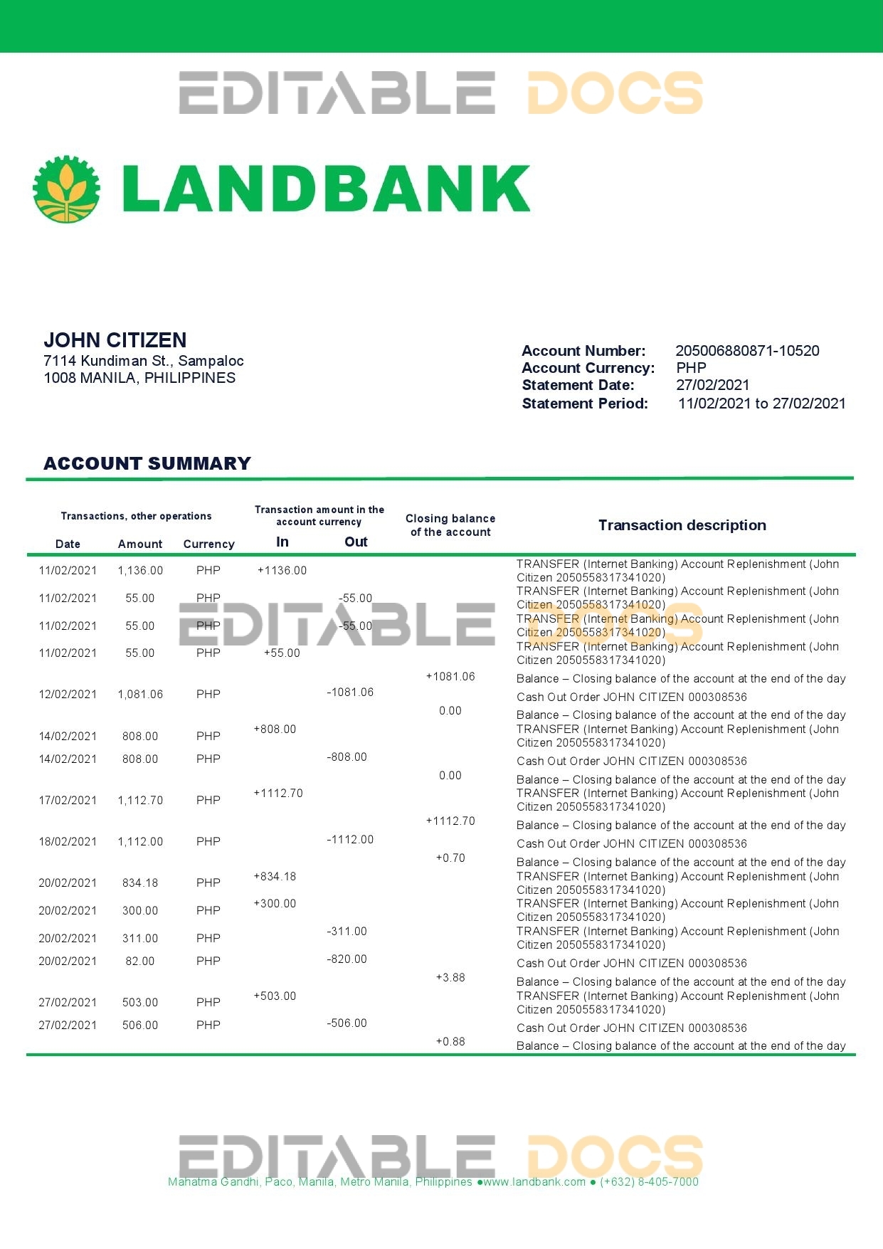 Philippines Land Bank of the Philippines proof of address bank statement template in Word and PDF format