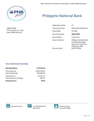 Philippines National Bank (PNB) proof of address bank statement template in Word and PDF format