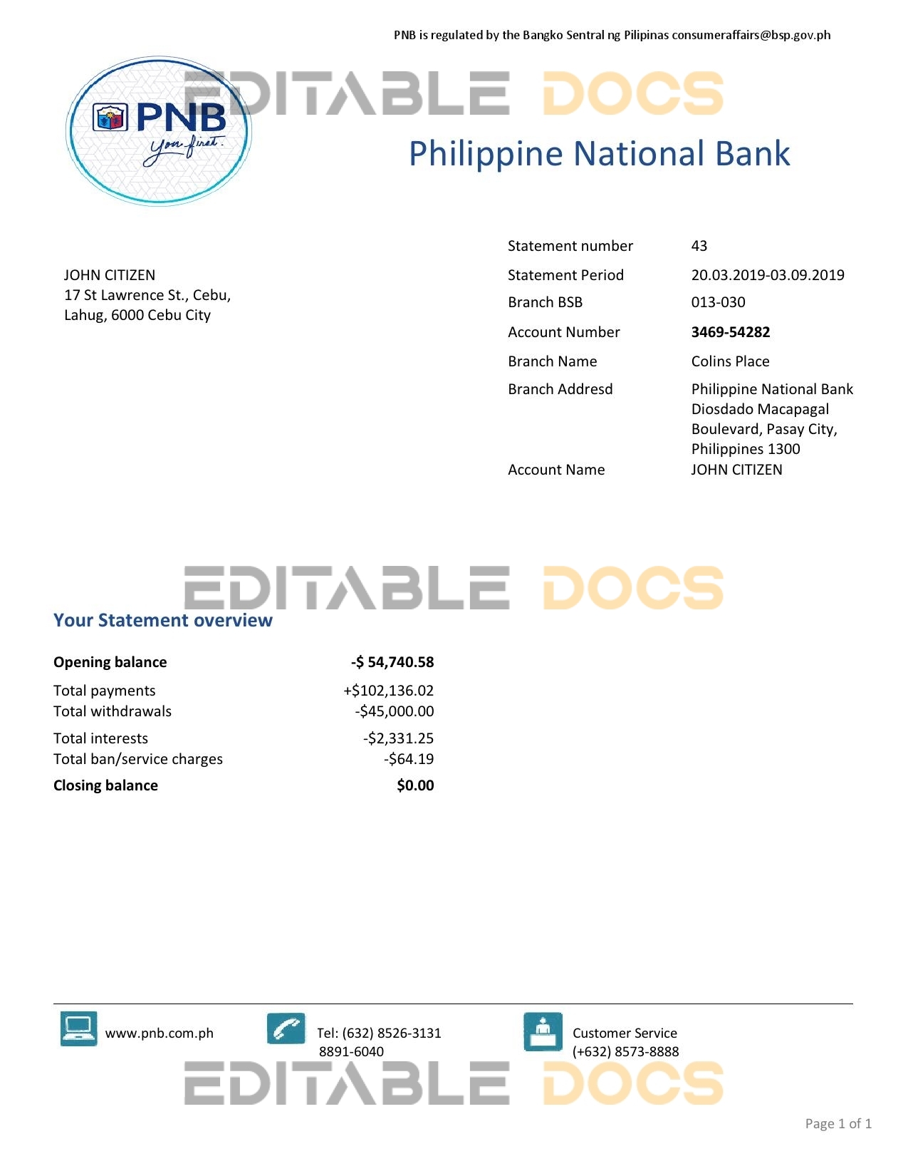 Philippines National Bank (PNB) proof of address bank statement template in Word and PDF format
