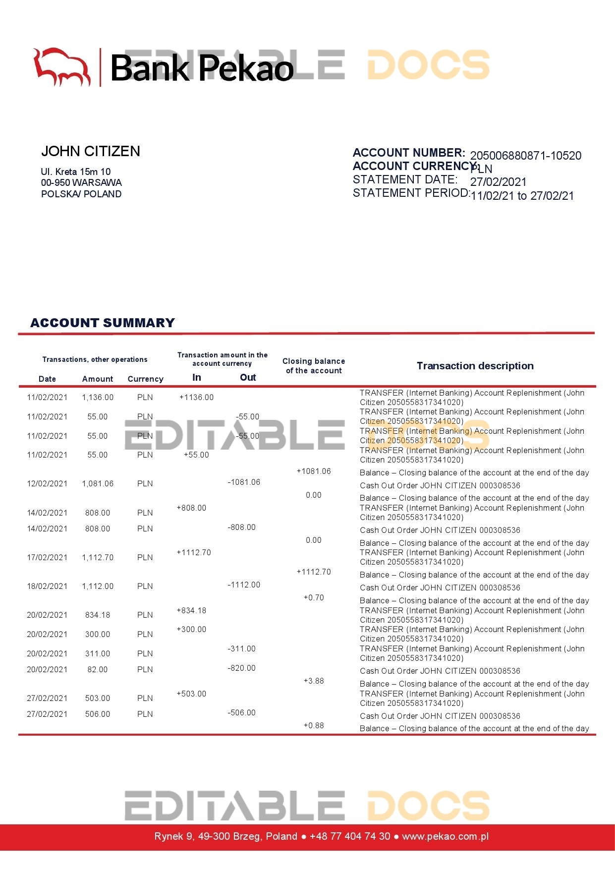 Poland Bank Pekao S.A bank statement template in .doc and .pdf format, fully editable