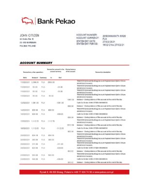 Poland Bank Pekao S.A. bank statement easy to fill template in Excel and PDF format