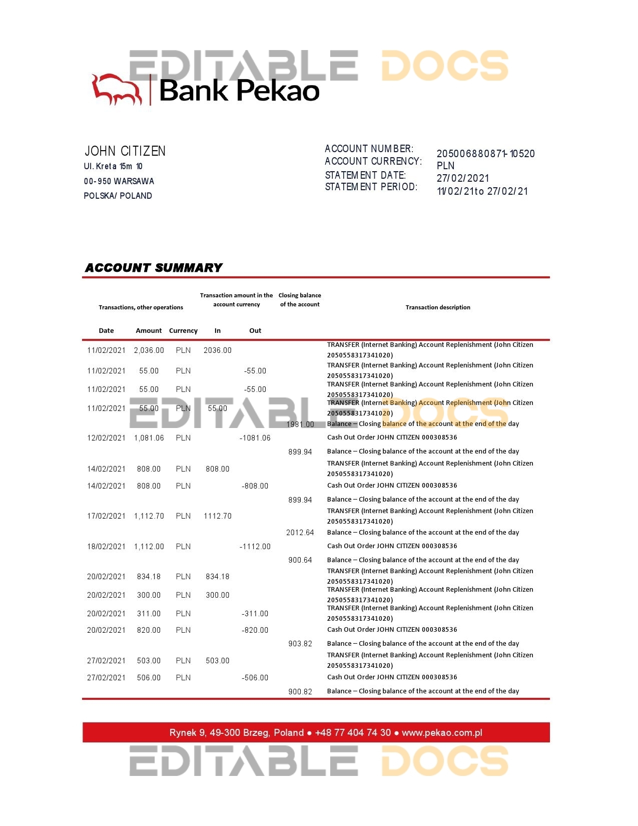 Poland Bank Pekao S.A. bank statement easy to fill template in Excel and PDF format