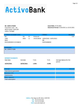 Portugal Activobank S.A. bank statement in Word and PDF format