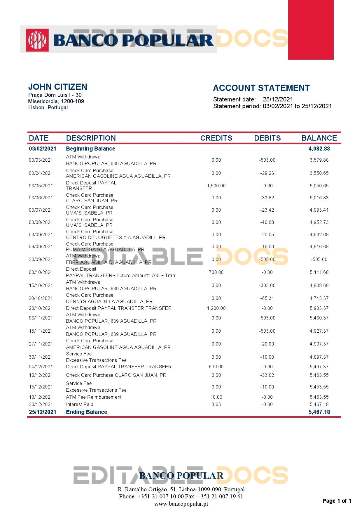 Portugal Banco Popular bank statement in Word and PDF format