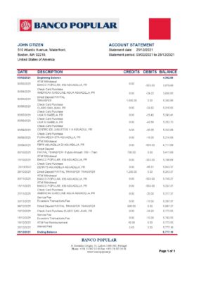 Portugal Banco Popular bank statement template in Excel and PDF format, .xls and .pdf format