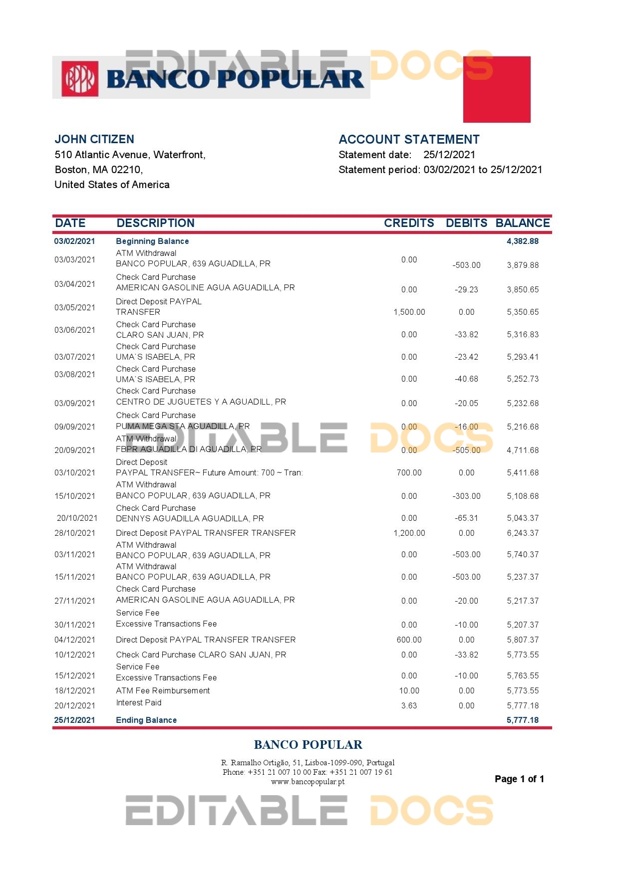 Portugal Banco Popular bank statement template in Excel and PDF format, .xls and .pdf format