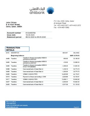 Qatar Ahlibank proof of address bank statement template in Word and PDF format, .doc and .pdf format