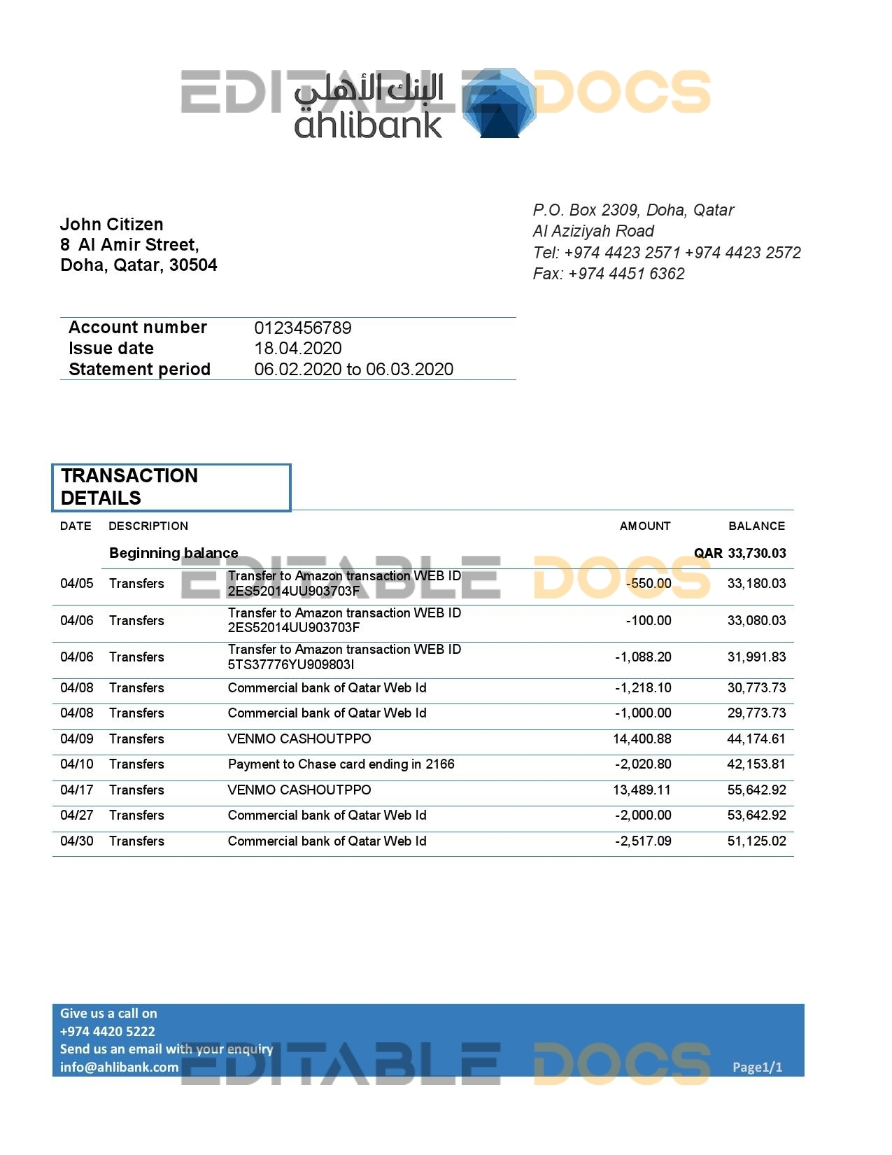 Qatar Ahlibank proof of address bank statement template in Word and PDF format, .doc and .pdf format