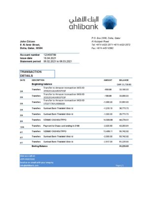 Qatar Ahlibank statement easy to fill template in Excel and PDF format