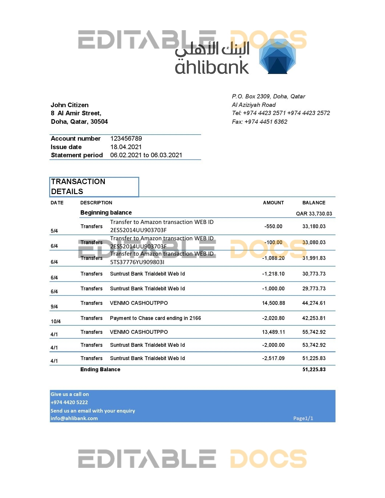 Qatar Ahlibank statement easy to fill template in Excel and PDF format