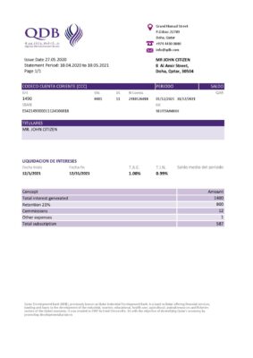 Qatar Development Bank statement template, Excel and PDF format (.xls and .pdf)