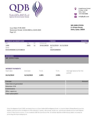 Qatar Development Bank statement template, Word and PDF format (.doc and .pdf)