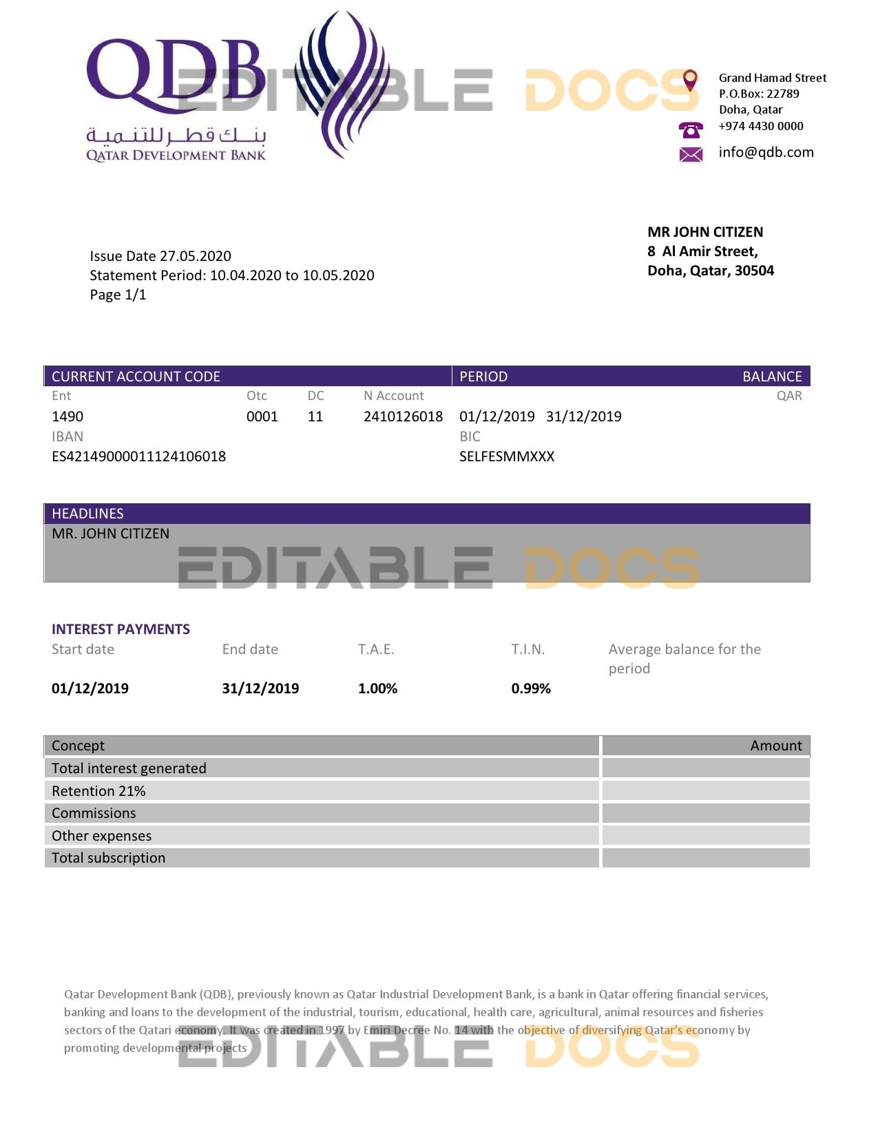 Qatar Development Bank statement template, Word and PDF format (.doc and .pdf)