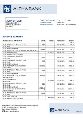 Romania Alpha Bank statement template in Word and PDF format