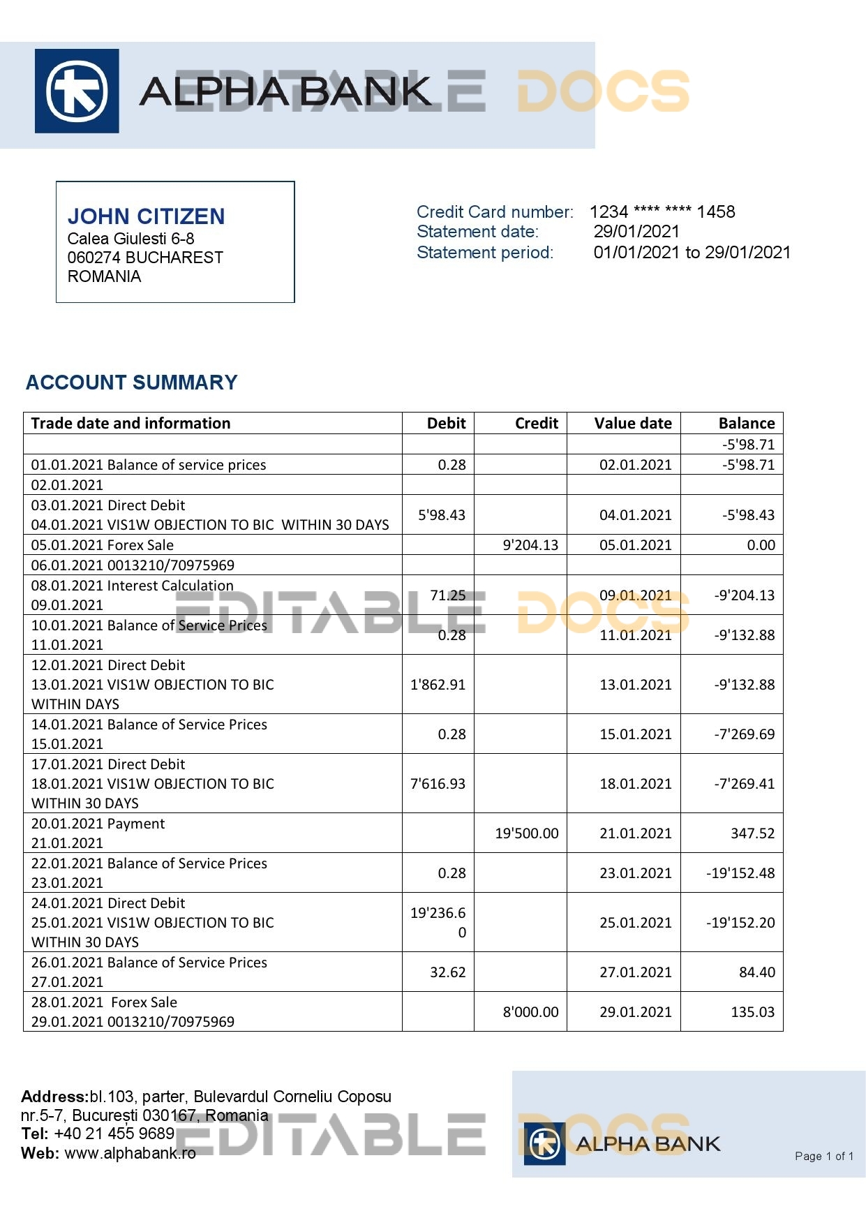 Romania Alpha Bank statement template in Word and PDF format