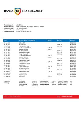 Romania Banca Transilvania bank statement template in Word and PDF format, version 1