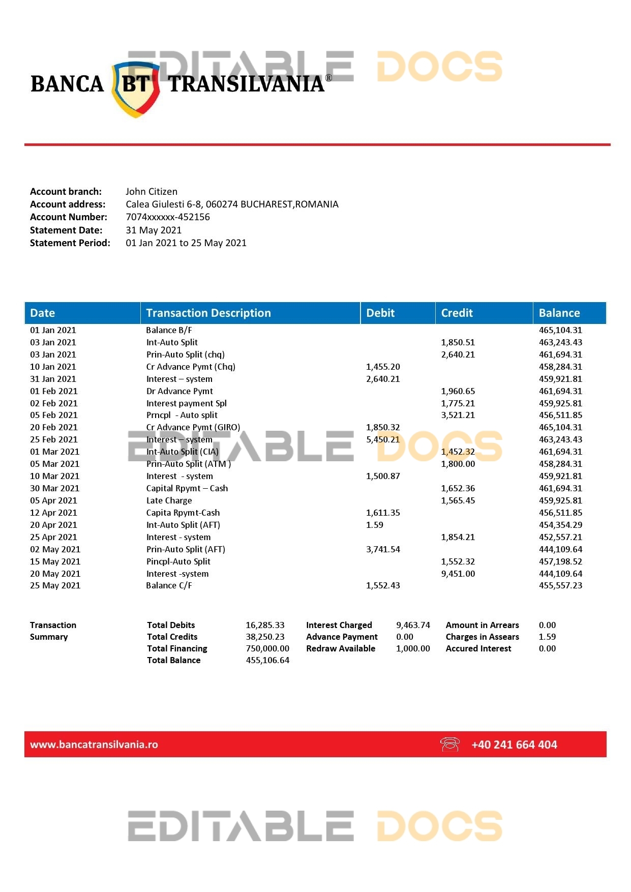 Romania Banca Transilvania bank statement template in Word and PDF format, version 1