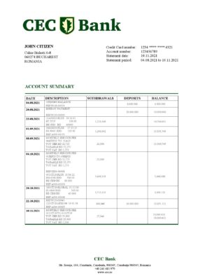 Romania CEC Bank statement template in Word and PDF format