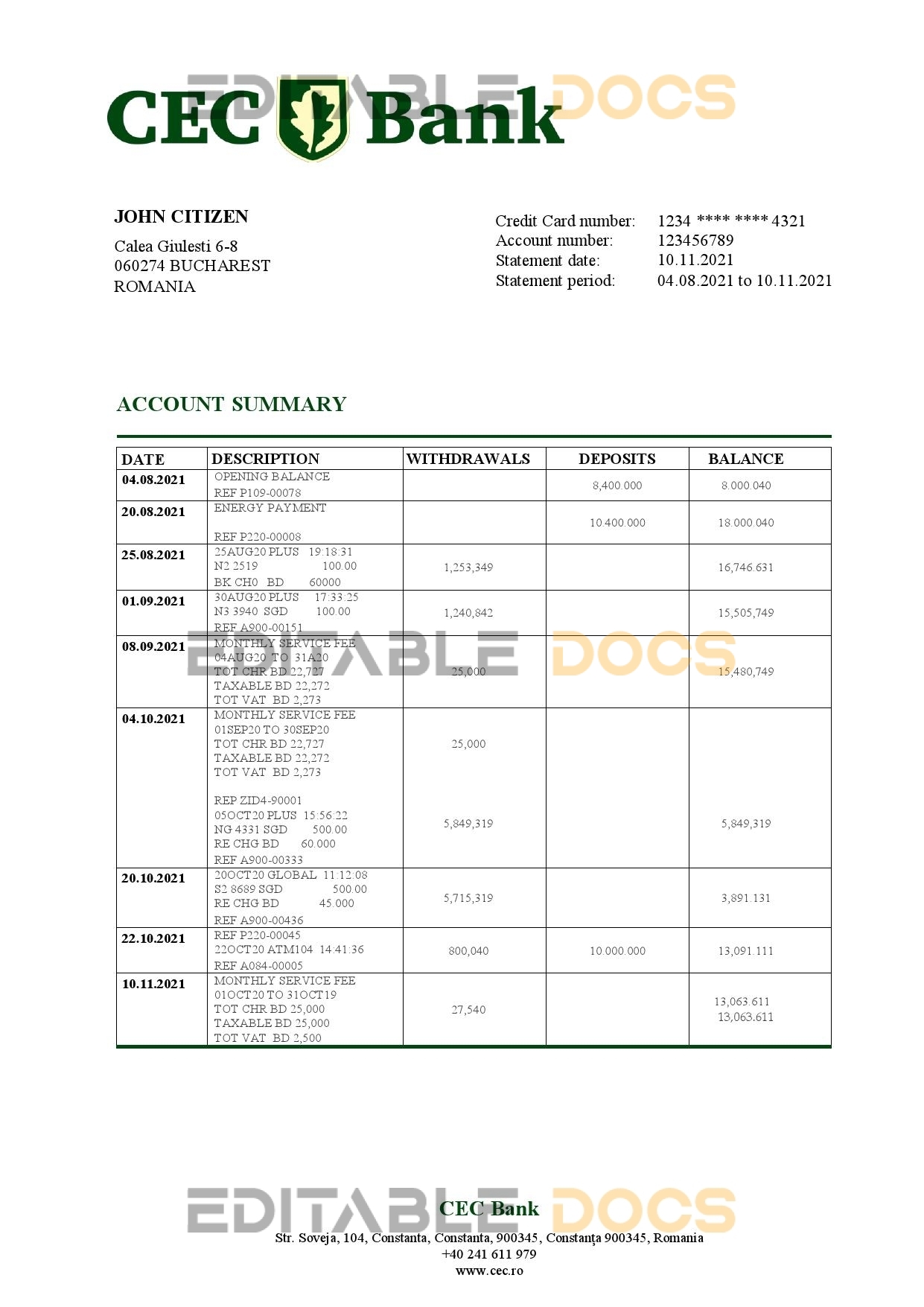 Romania CEC Bank statement template in Word and PDF format