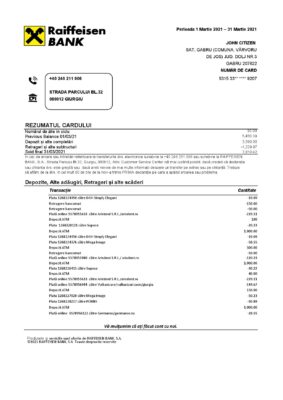 Romania Raiffeisen bank statement template in Excel and PDF format (in Romanian language)