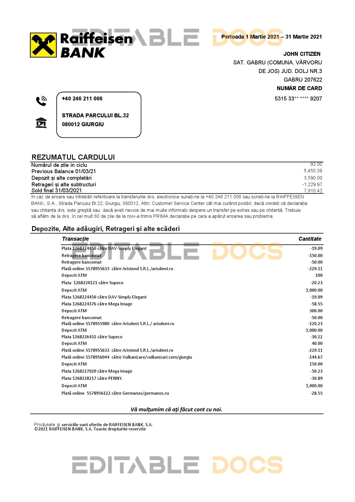 Romania Raiffeisen bank statement template in Excel and PDF format (in Romanian language)